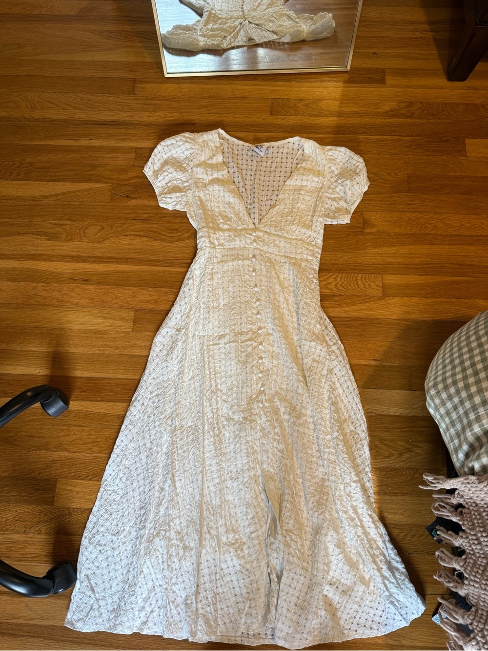 Princess Polly Cream Textured V-Neck Maxi Dress with Puff Sleeves